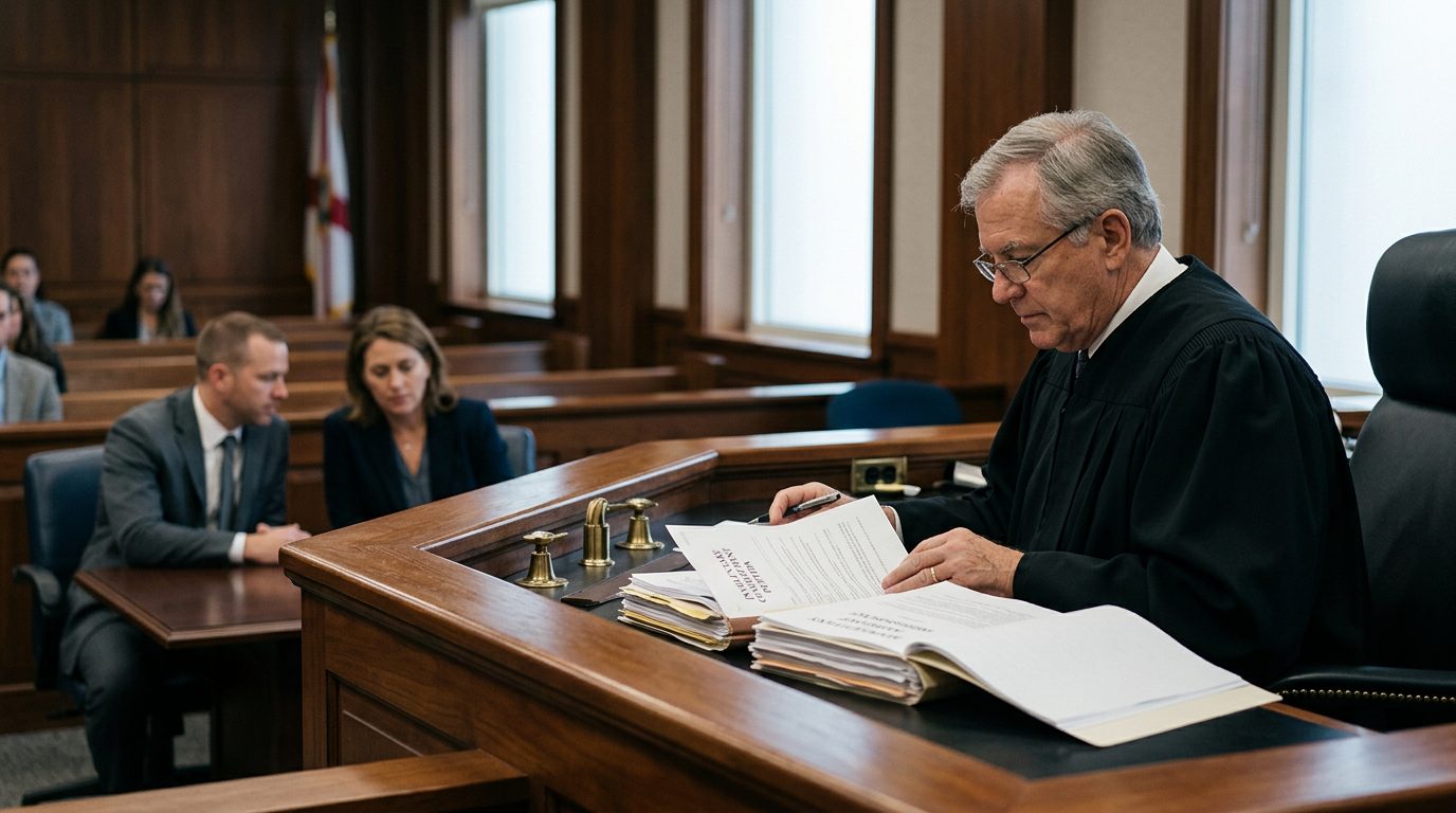 Judge reviews a commitment petition at a Florida Marchman Act hearing, with counsel and petitioner present.
