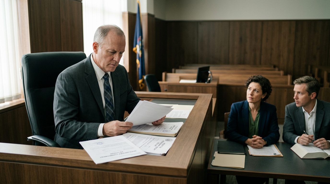 Judge reviews an involuntary commitment petition and addiction assessment reports while the petitioner and counsel sit in a Florida courtroom.