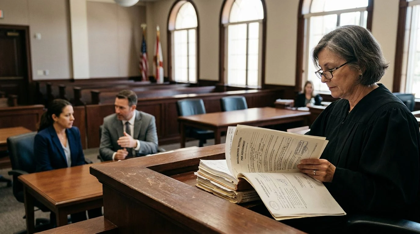 Judge reviews commitment petition and addiction assessment reports at a courtroom hearing with counsel present.