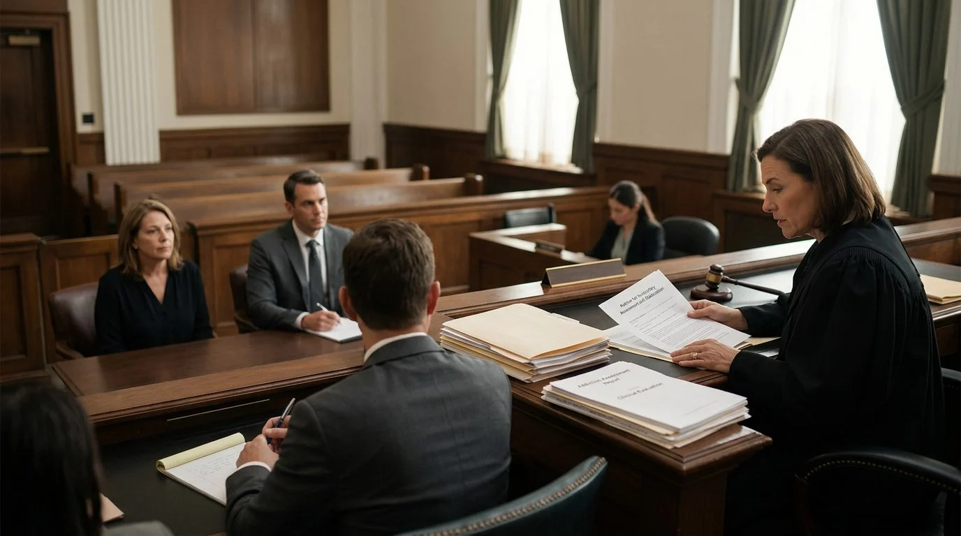 Judge reviews commitment petition papers at a Marchman Act hearing, with the petitioner and counsel present.