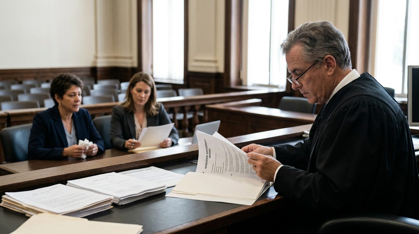 Judge reviews commitment petition papers at a Marchman Act hearing with the petitioner and counsel present.