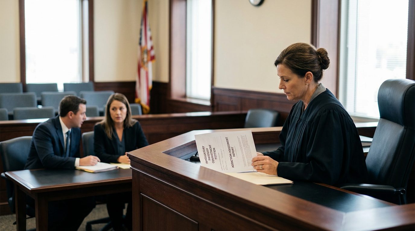 Juez revisando documentos judiciales en el estrado durante una audiencia de la Ley Marchman de Florida, con el peticionario y su abogado presentes.
