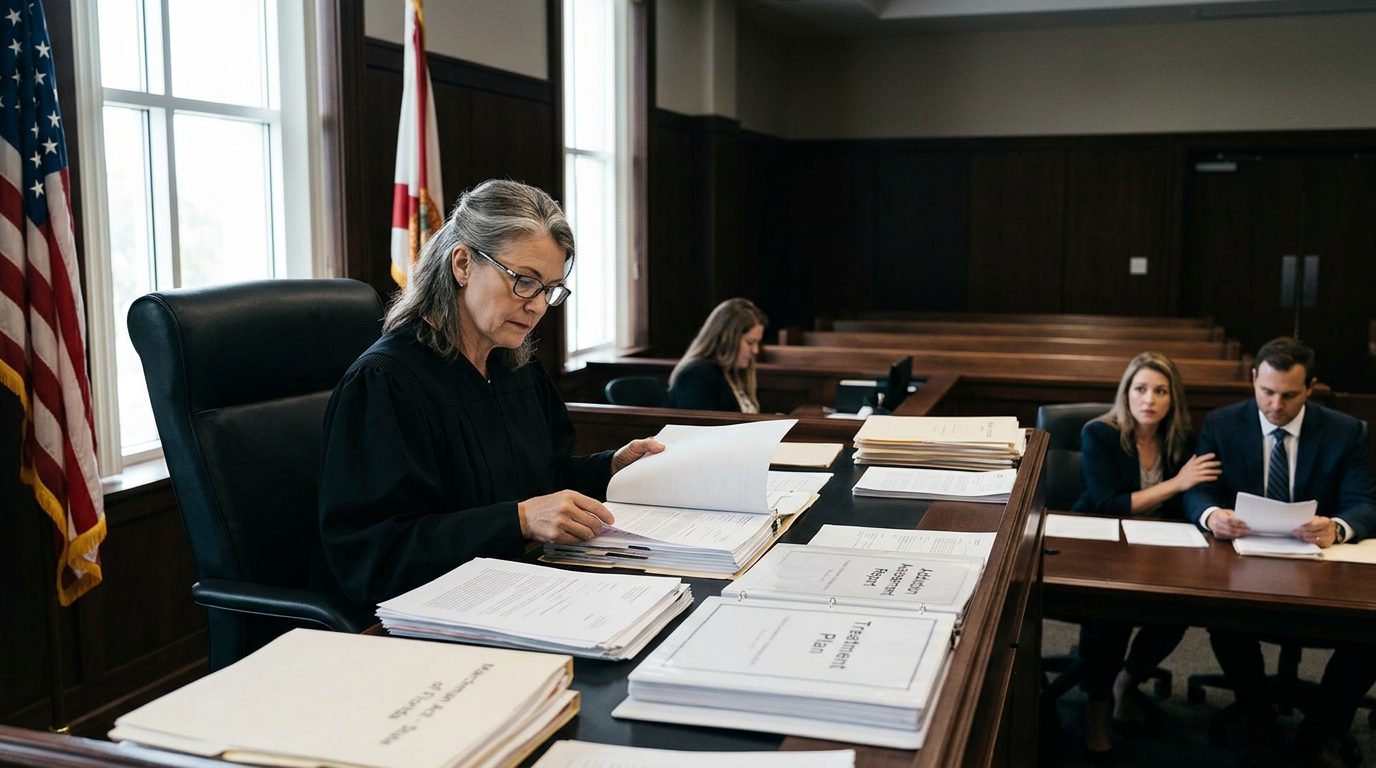 Judge reviews documents at a courtroom bench while a petitioner sits with their attorney.