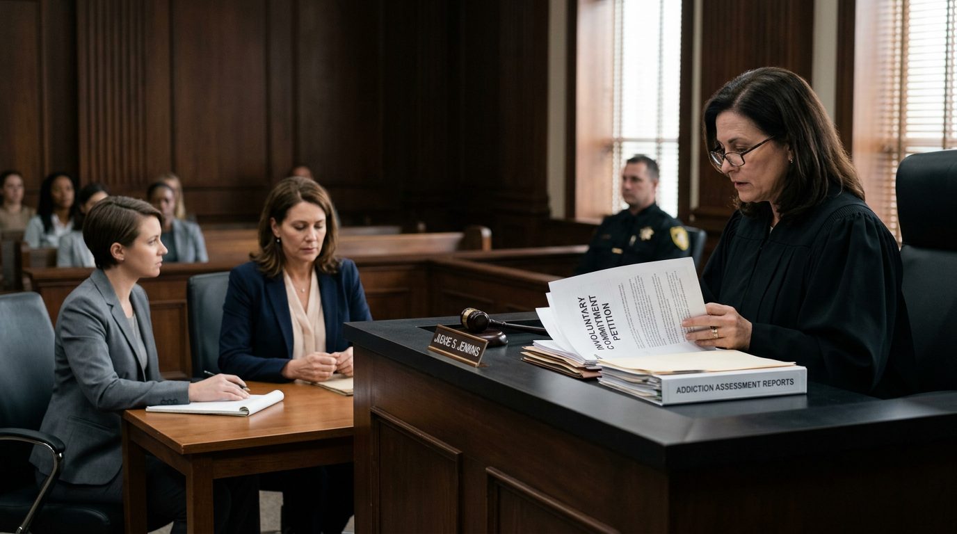 Judge reviews documents at a Florida courtroom bench while the petitioner sits with counsel during a Marchman Act hearing.