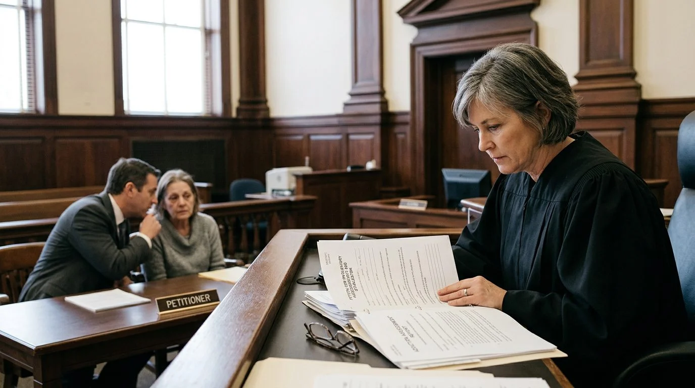 Judge reviews documents at the bench during a courtroom hearing, with a petitioner seated beside counsel.