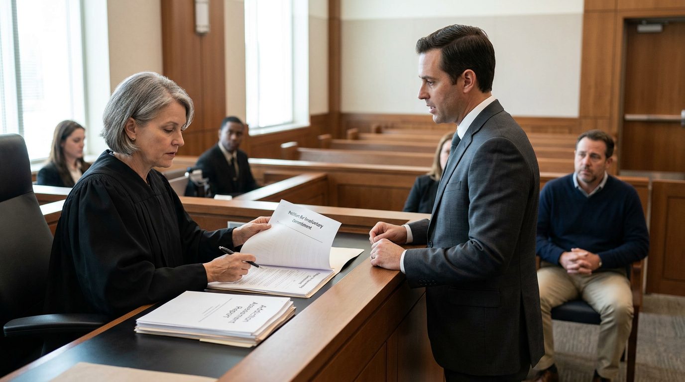 Judge reviews documents at the bench during a Florida Marchman Act hearing, with the petitioner and counsel present.