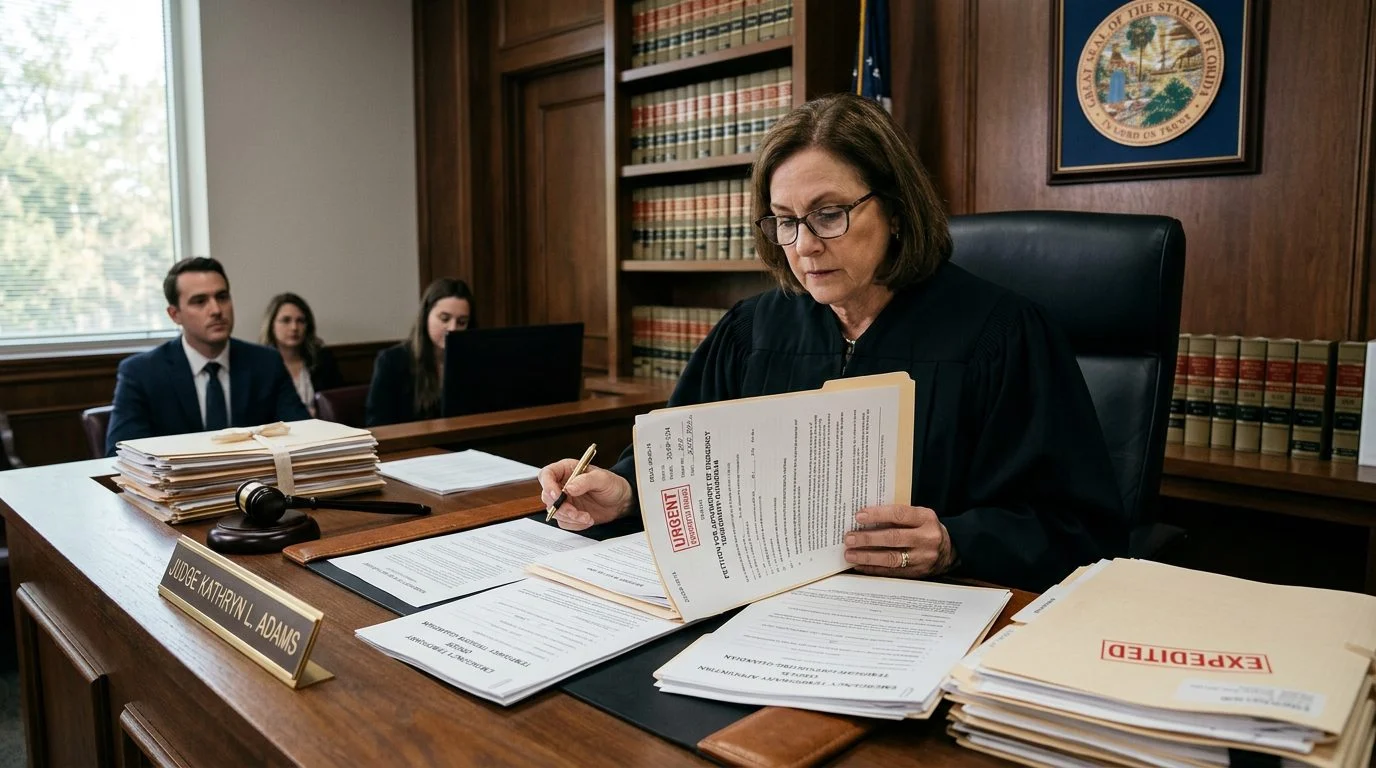Judge reviews emergency guardianship petition and temporary order forms in chambers.