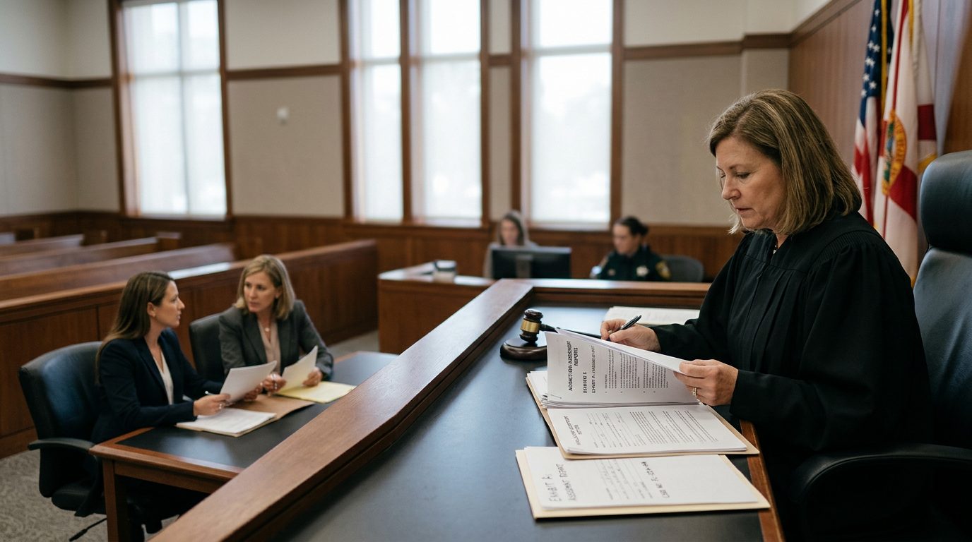Judge reviews involuntary commitment papers as a petitioner sits with counsel in a Florida courtroom.