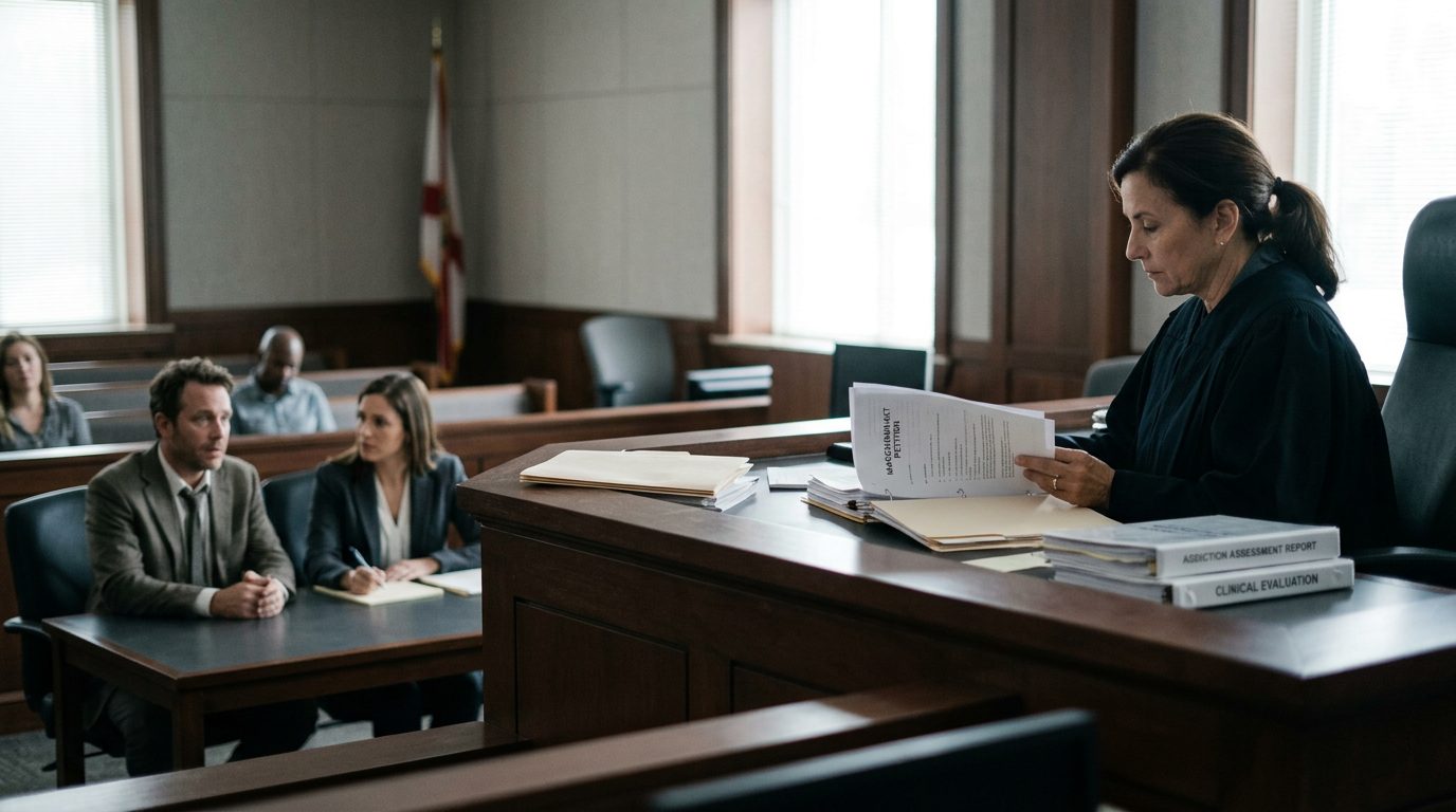 Judge reviews involuntary commitment papers at a courtroom bench while the petitioner sits with counsel.