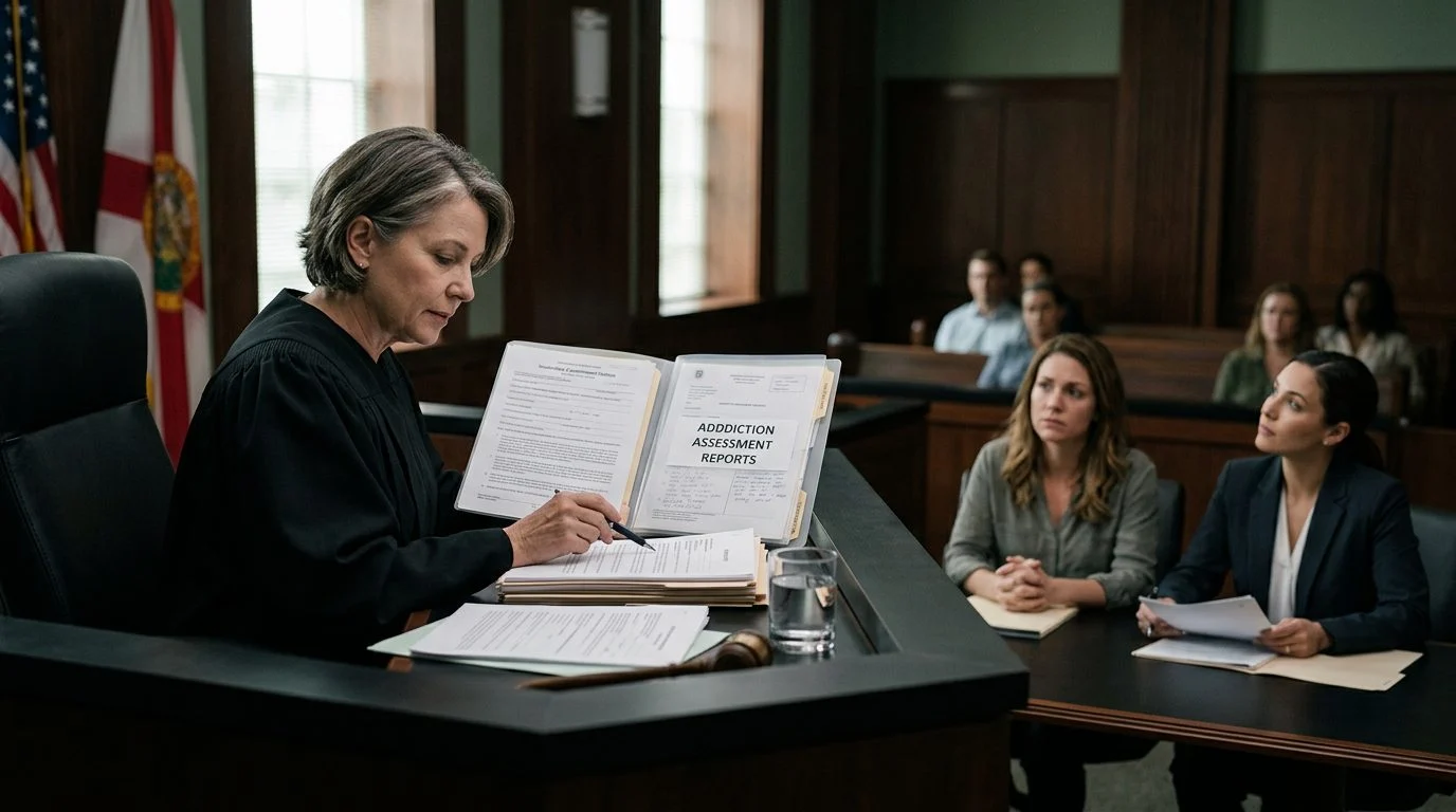 Judge reviews involuntary commitment papers at a Florida courtroom hearing, with the petitioner and counsel seated nearby.