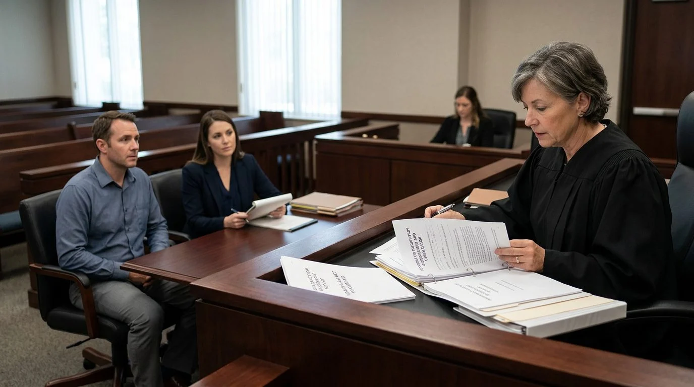 Judge reviews involuntary commitment papers during a Marchman Act hearing in a Florida courtroom.