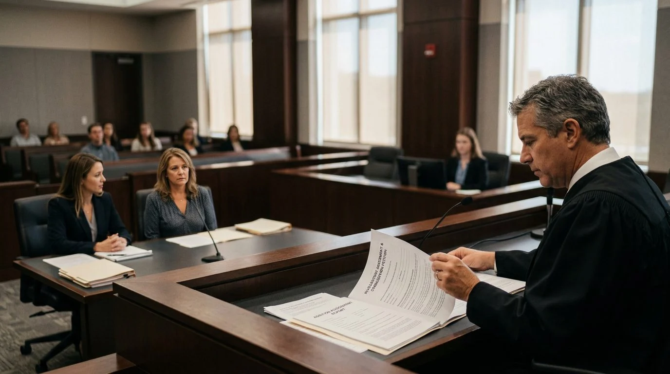 Judge reviews involuntary commitment petition documents at a Florida courtroom bench as the petitioner sits with counsel.