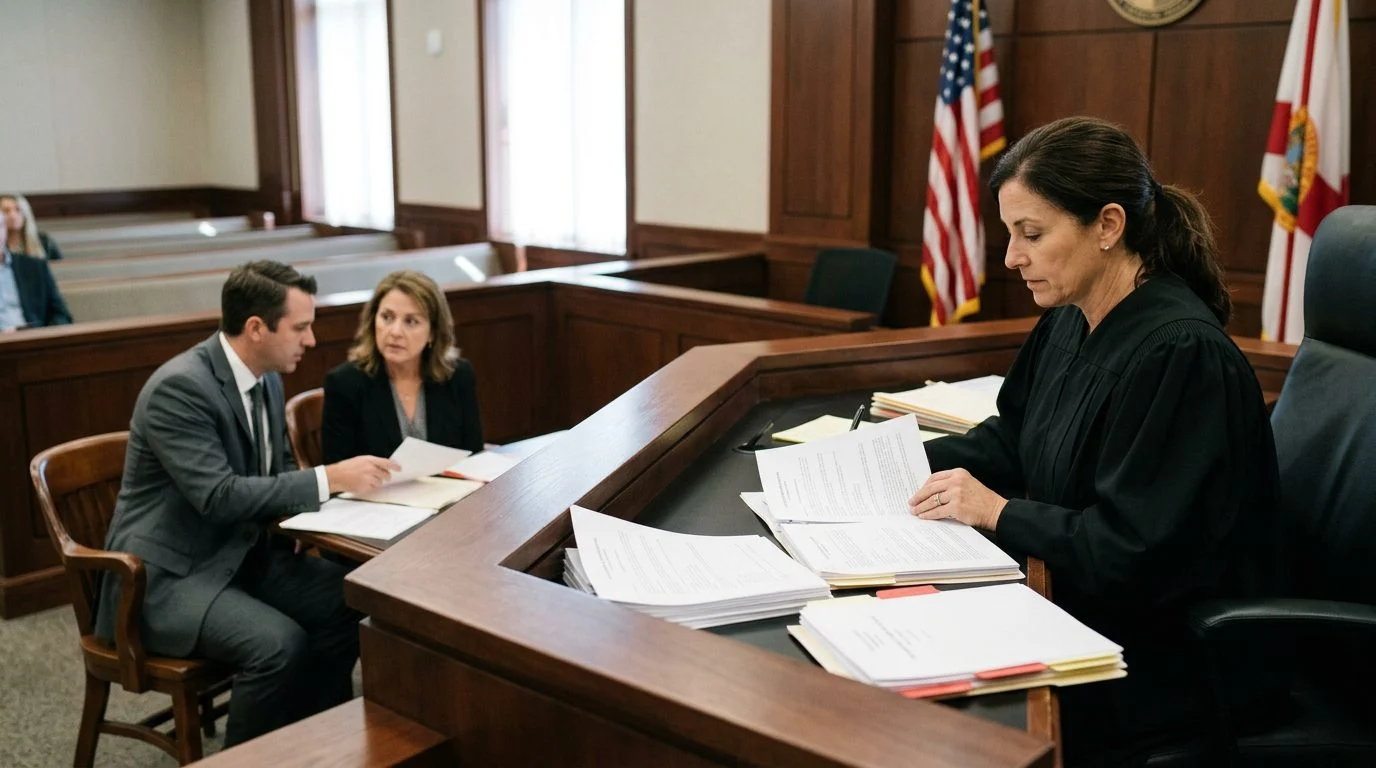 Judge reviews involuntary commitment petition documents at a Florida courtroom hearing while counsel and the petitioner attend.