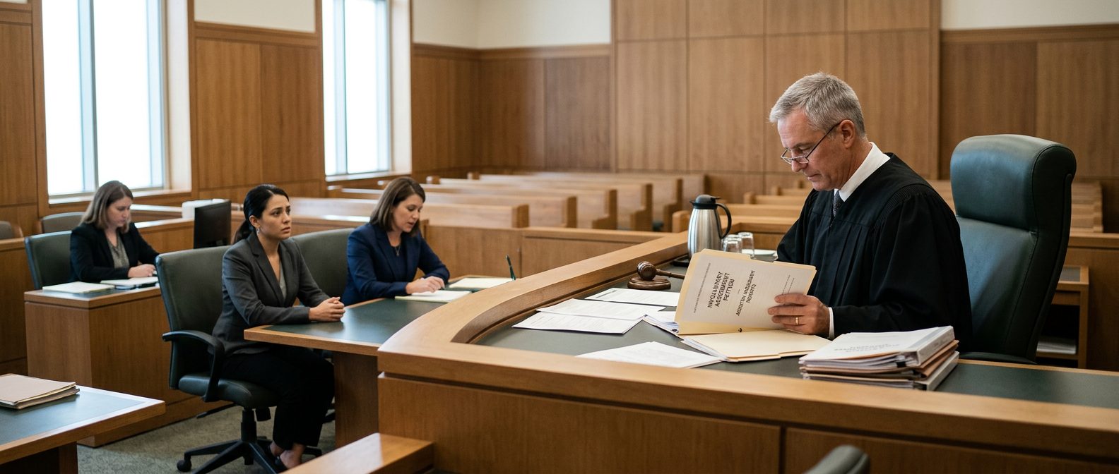 Judge reviews involuntary commitment petition documents during a Marchman Act hearing in Florida courtroom.