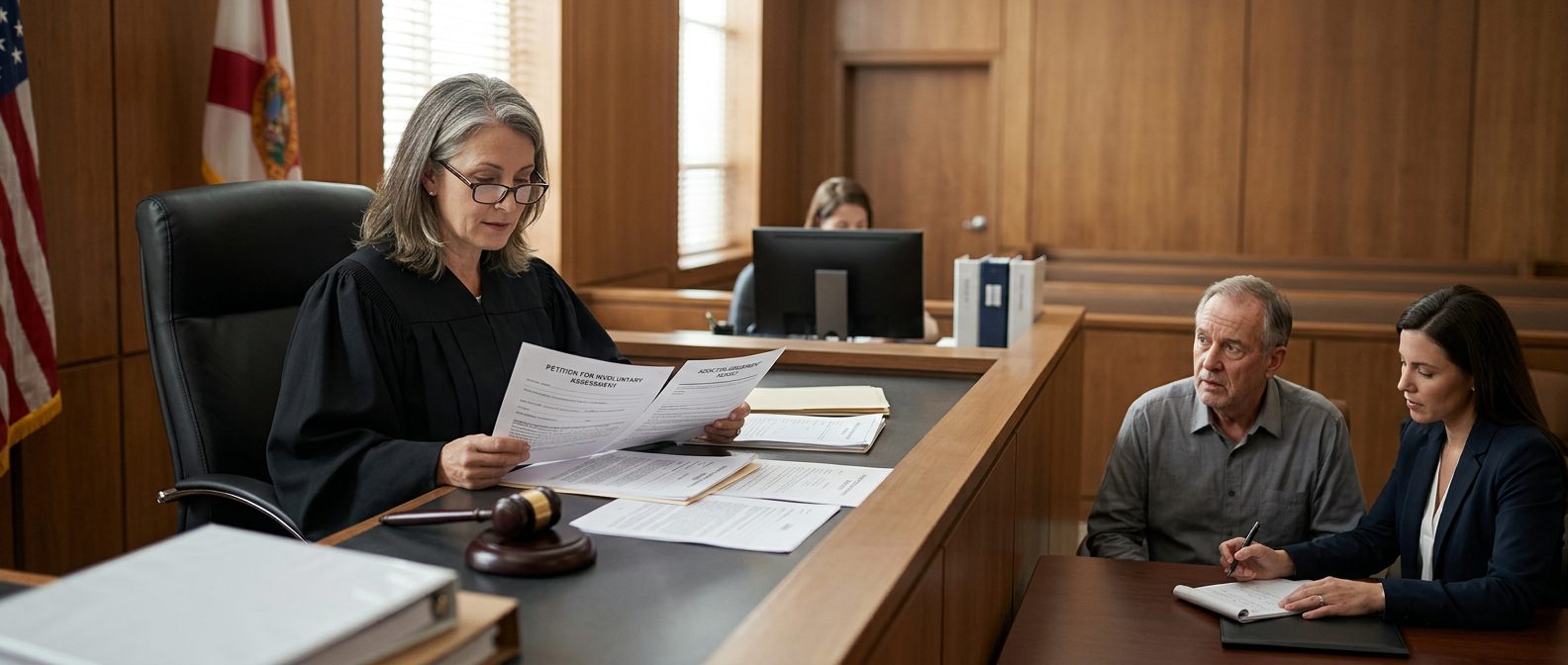 Judge reviews involuntary commitment petition documents during a Marchman Act hearing in courtroom.