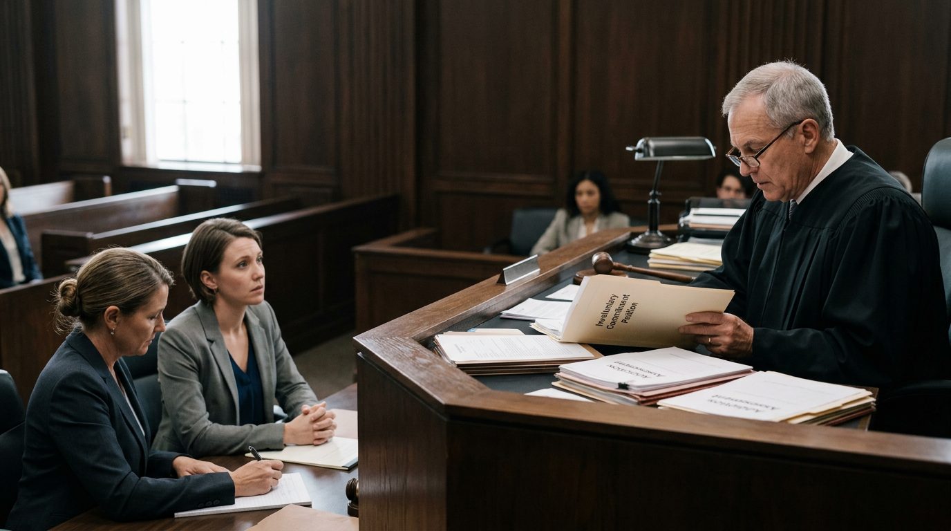 Judge reviews involuntary commitment petition documents during Marchman Act hearing in courtroom.