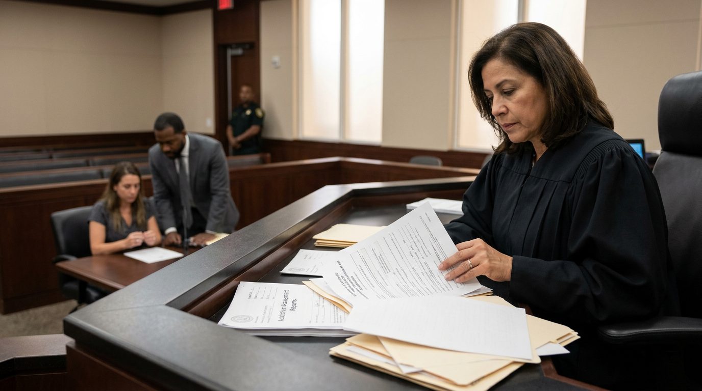 Judge reviews involuntary commitment petition documents during a Marchman Act hearing in courtroom.