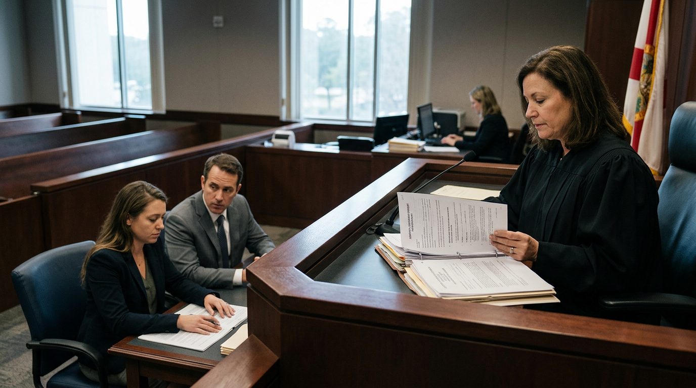 Judge reviews involuntary commitment petition documents during a Marchman Act hearing in courtroom.
