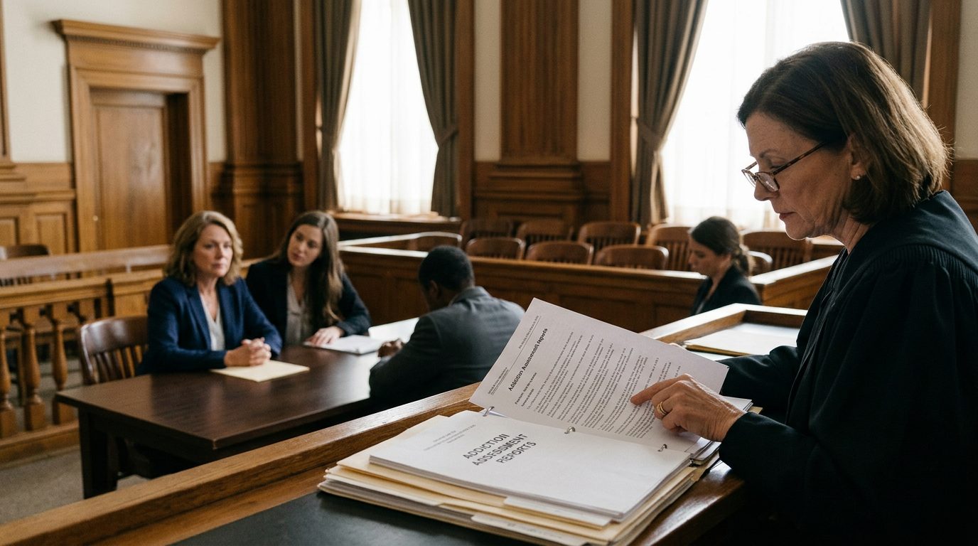 Judge reviews involuntary commitment petition documents during a Marchman Act hearing in courtroom.