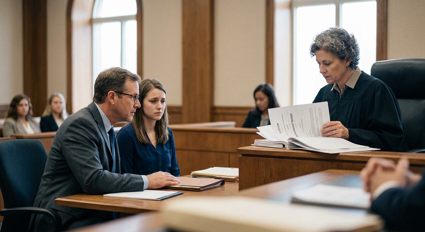 Judge reviews involuntary commitment petition documents in a Florida courtroom during a Marchman Act hearing.