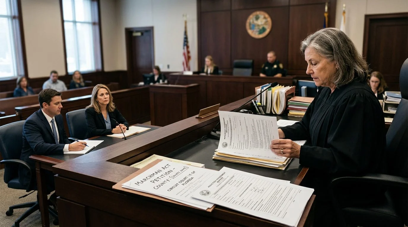 Judge reviews involuntary commitment petition documents in a Florida courtroom while the petitioner sits with counsel.