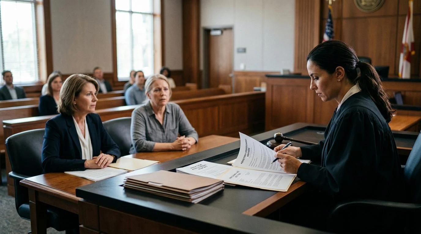 Judge reviews involuntary commitment petition documents in a courtroom while the petitioner sits with counsel.