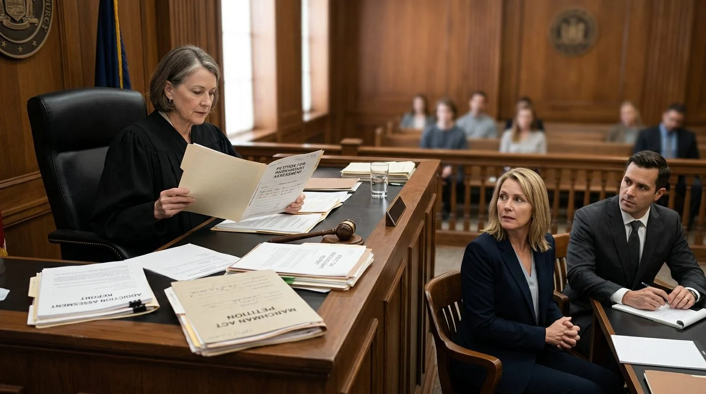Judge reviews involuntary commitment petition documents in a courtroom as the petitioner sits with counsel.