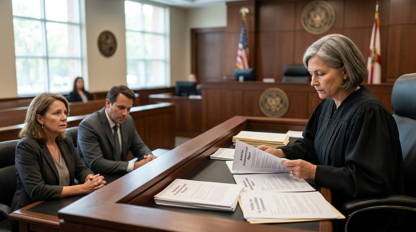 Judge reviews involuntary commitment petition documents in a Florida courtroom while the petitioner sits with counsel.