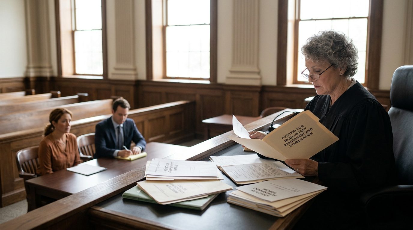 Judge reviews involuntary commitment petition documents with the petitioner and counsel during a Marchman Act hearing in a Florida courtroom.