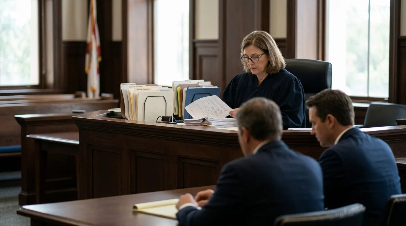 Juez revisa documentos de una petición de internamiento involuntario con abogados y el solicitante en una sala de audiencias de Florida.