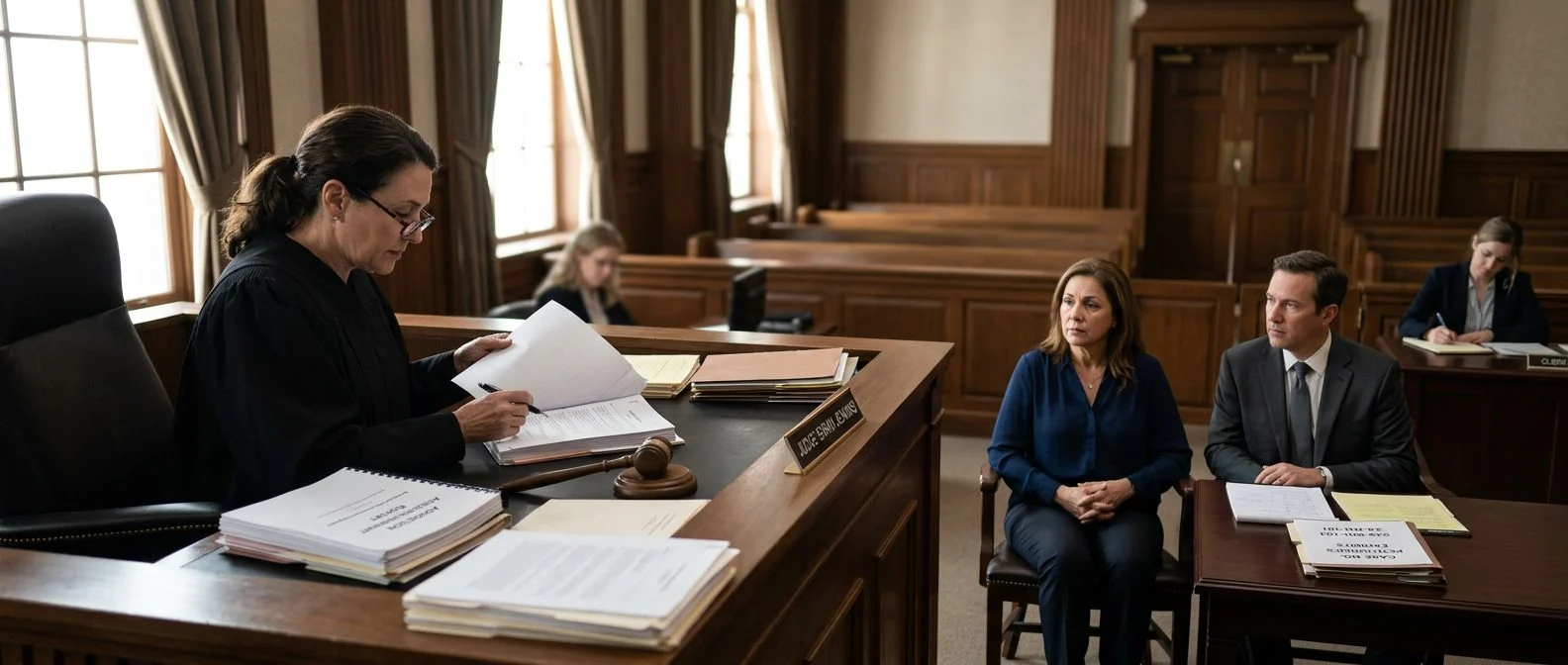Judge reviews involuntary commitment petition during Marchman Act hearing in Florida courtroom.