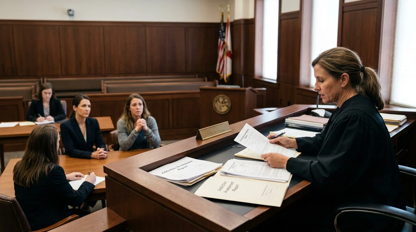 Judge reviews involuntary commitment petition papers at a courtroom bench as counsel and the petitioner sit nearby.