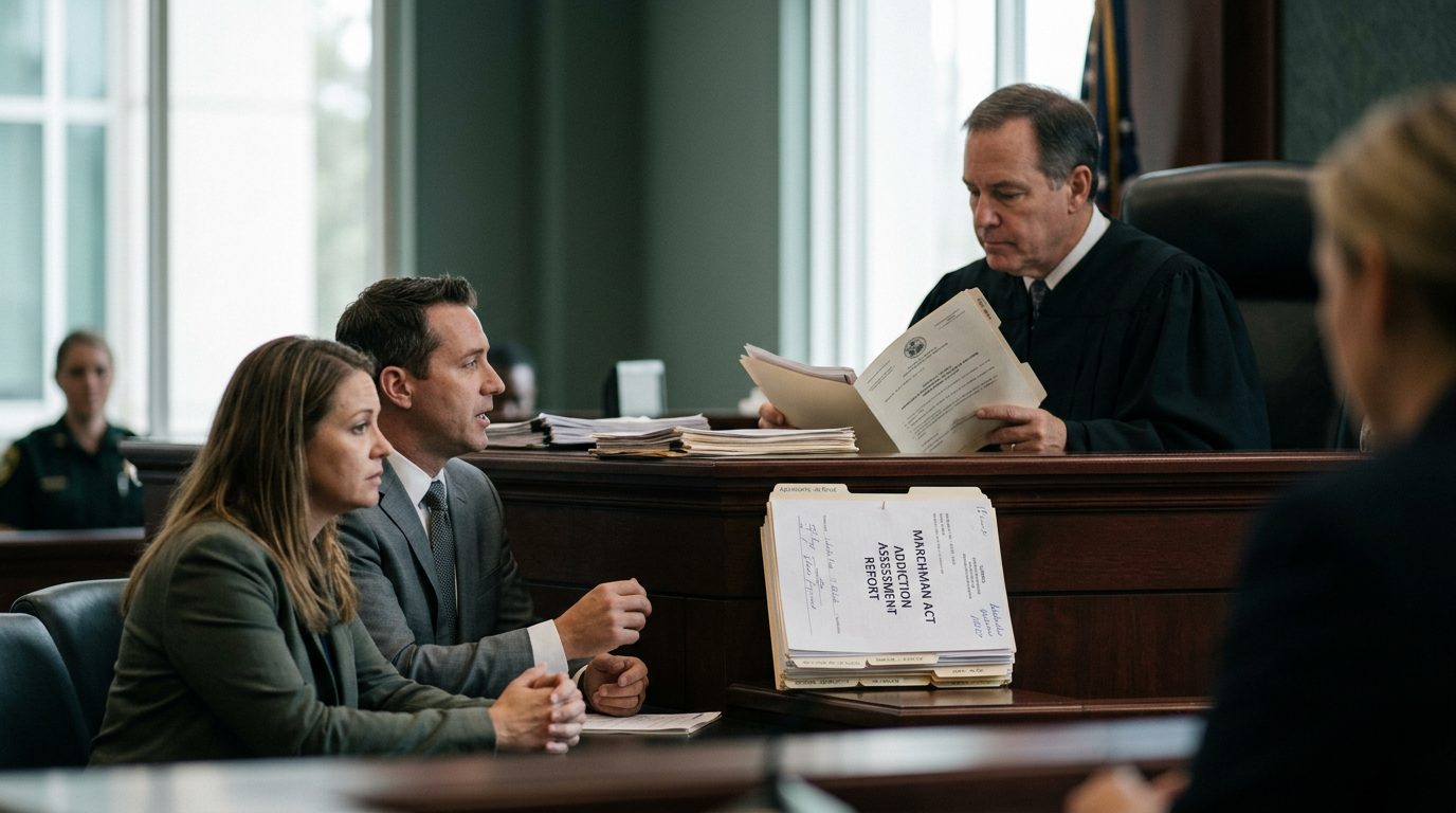 Judge reviews involuntary commitment petition papers at a courtroom bench while attorneys and a petitioner sit nearby.
