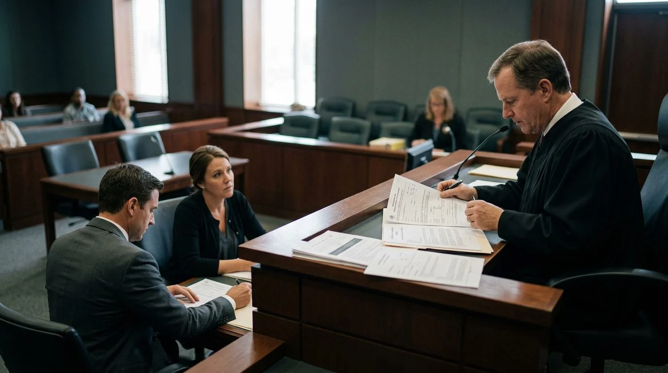 Judge reviews involuntary commitment petition papers in a courtroom while the petitioner sits with counsel during a Marchman Act hearing.