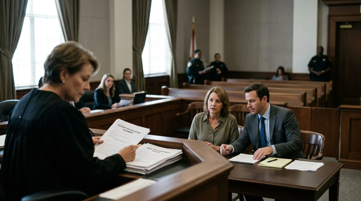 Judge reviews involuntary commitment petition papers in a courtroom while the petitioner sits with counsel.