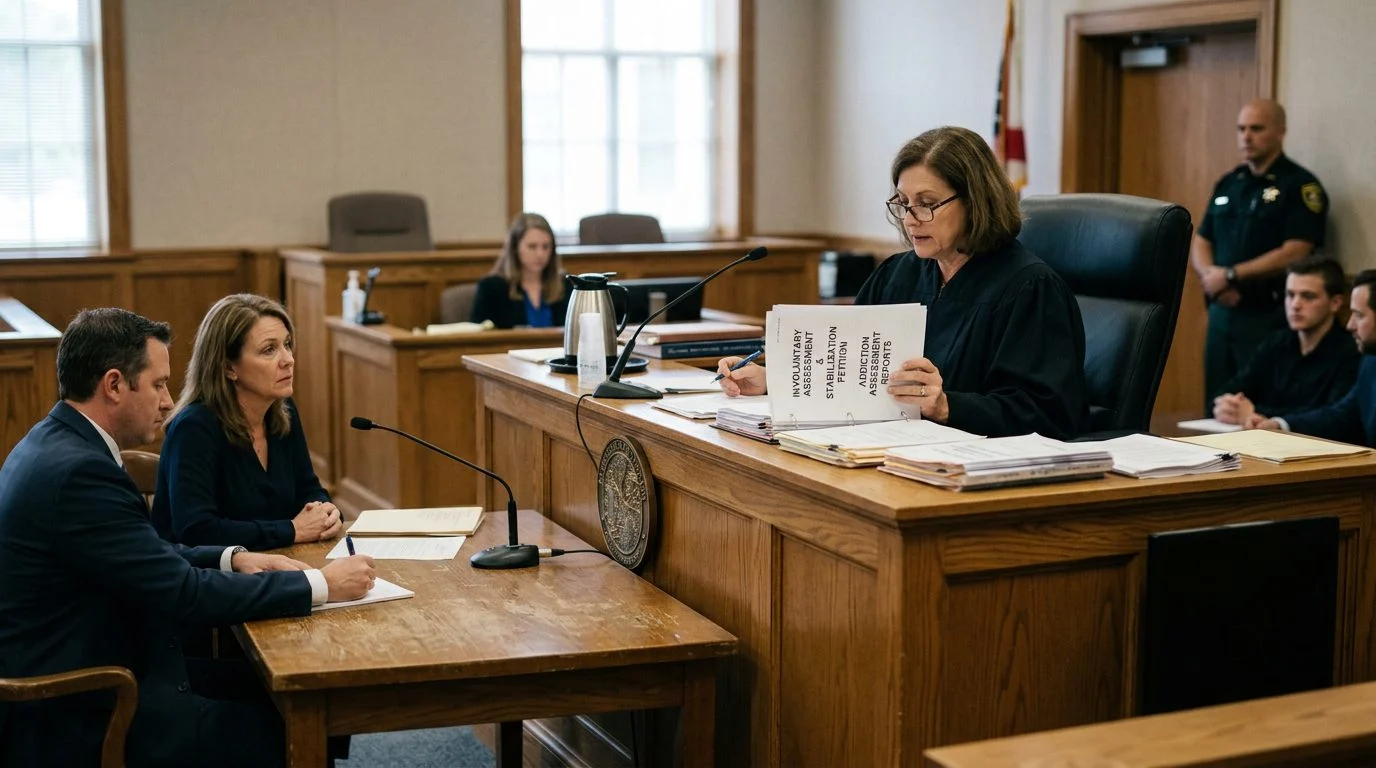 Judge reviews involuntary commitment petition papers in a Florida courtroom while the petitioner sits with counsel.