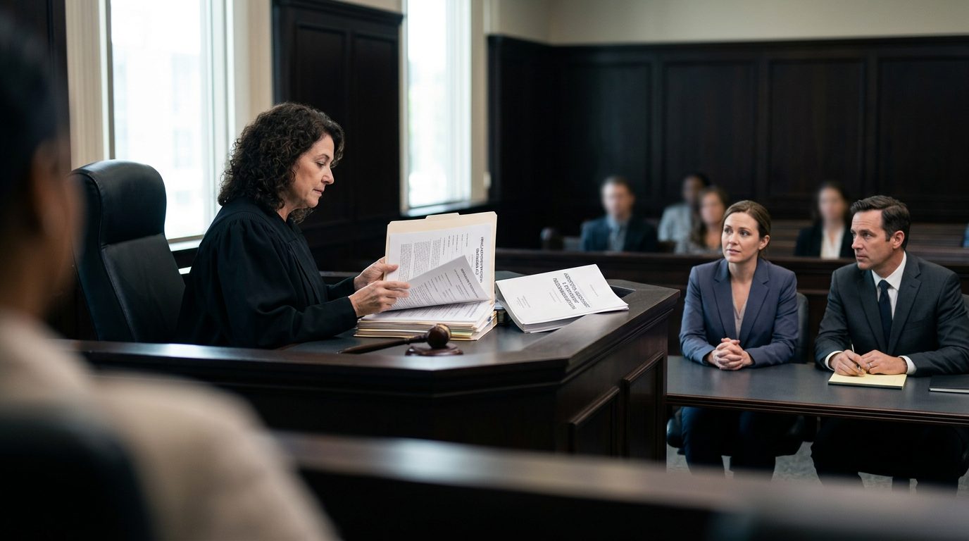 Judge reviews involuntary commitment petition papers in a Florida courtroom with petitioner and counsel present.
