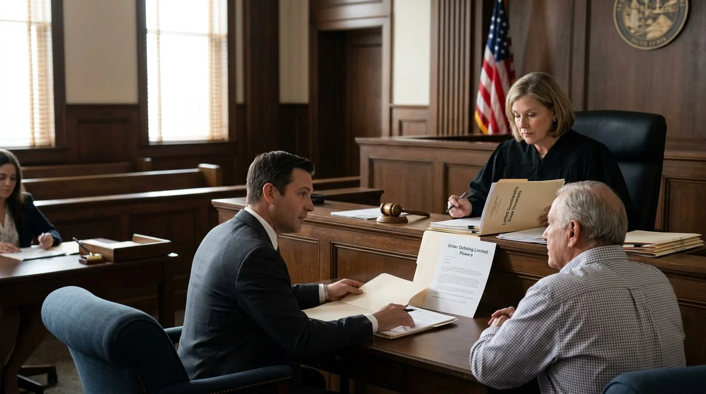 Judge reviews limited guardianship scope documents during court hearing with attorney and defendant present.