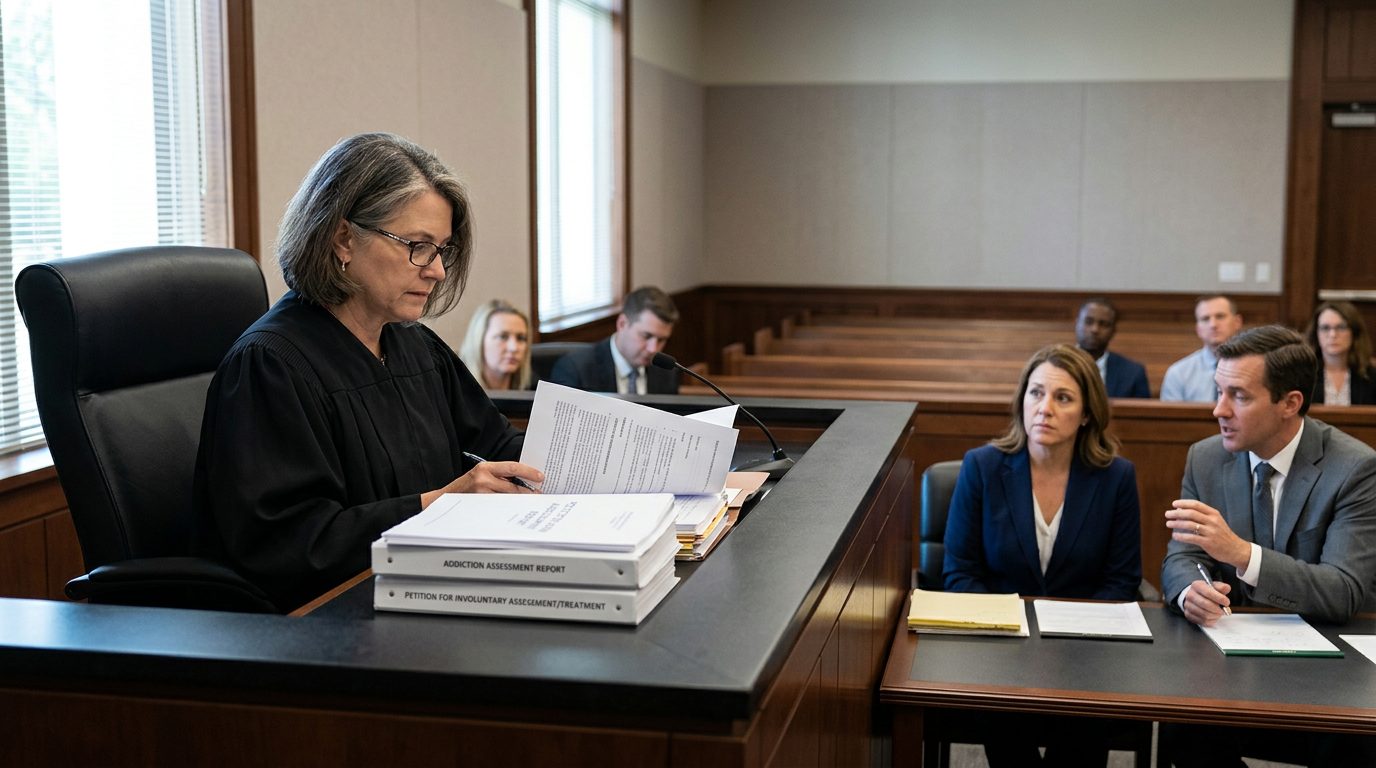 Judge reviews Marchman Act involuntary commitment petition documents in Florida courtroom.