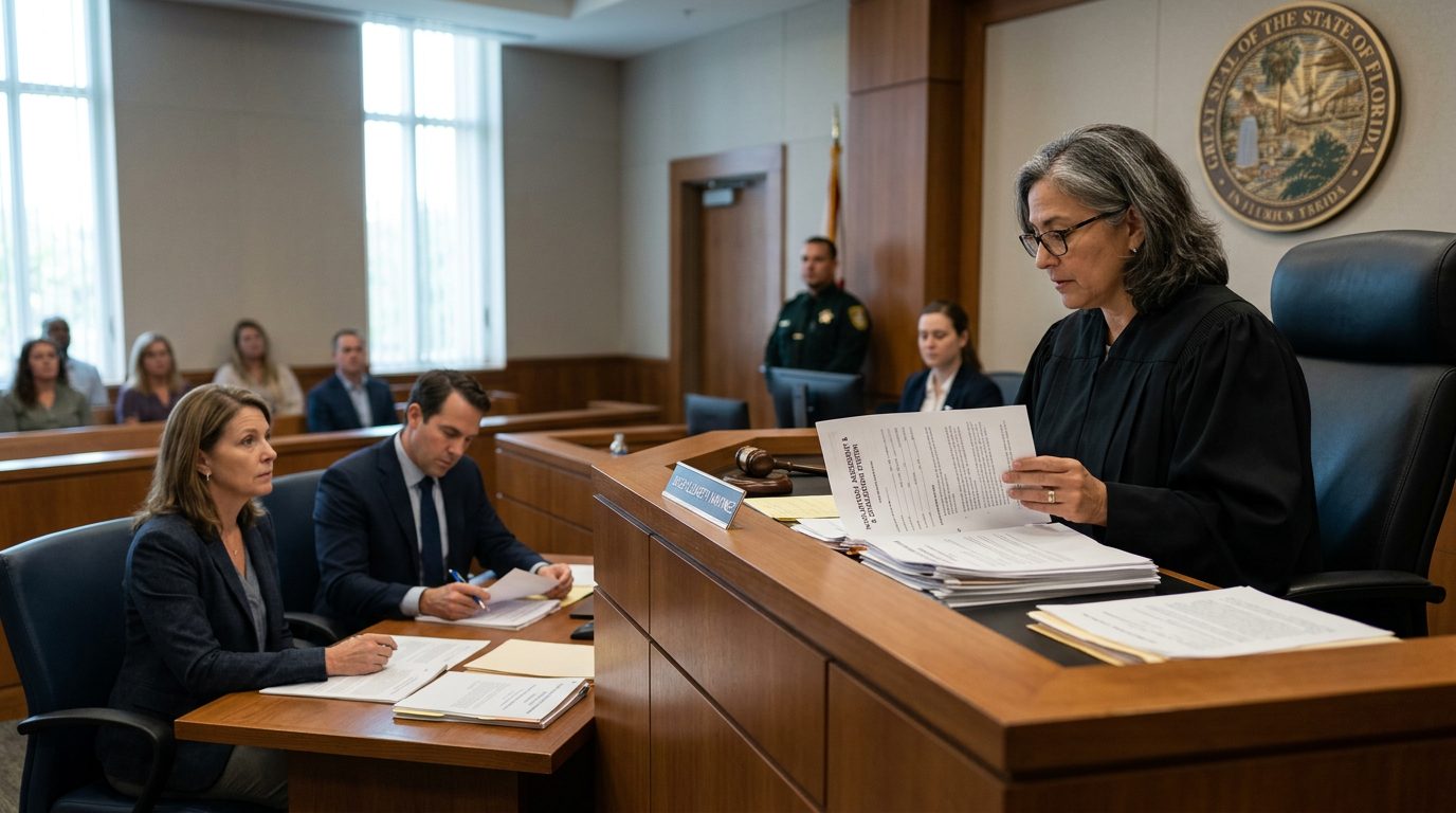 Judge reviews Marchman Act involuntary commitment petition documents during courtroom hearing.