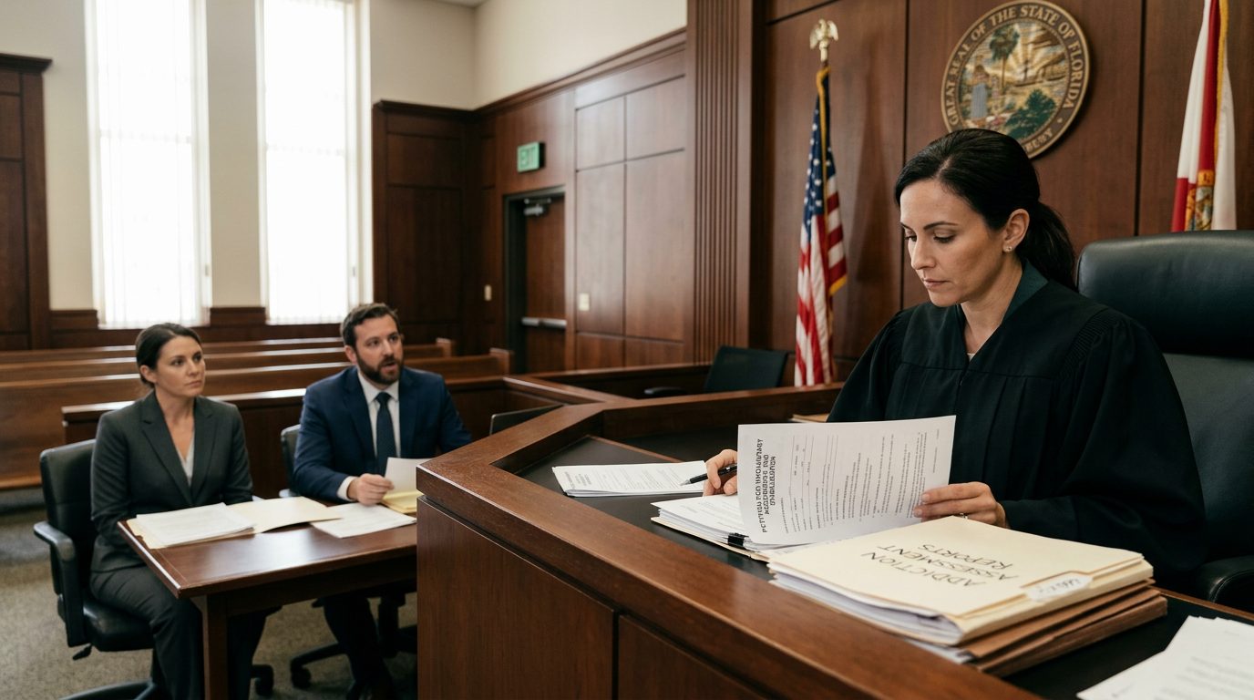 Judge reviews Marchman Act involuntary commitment petition in Florida courtroom with counsel present.