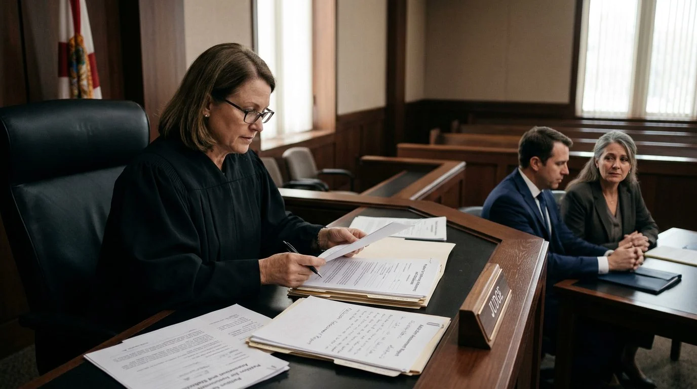 Judge reviews papers at a courtroom bench while a petitioner and attorney sit at the table.