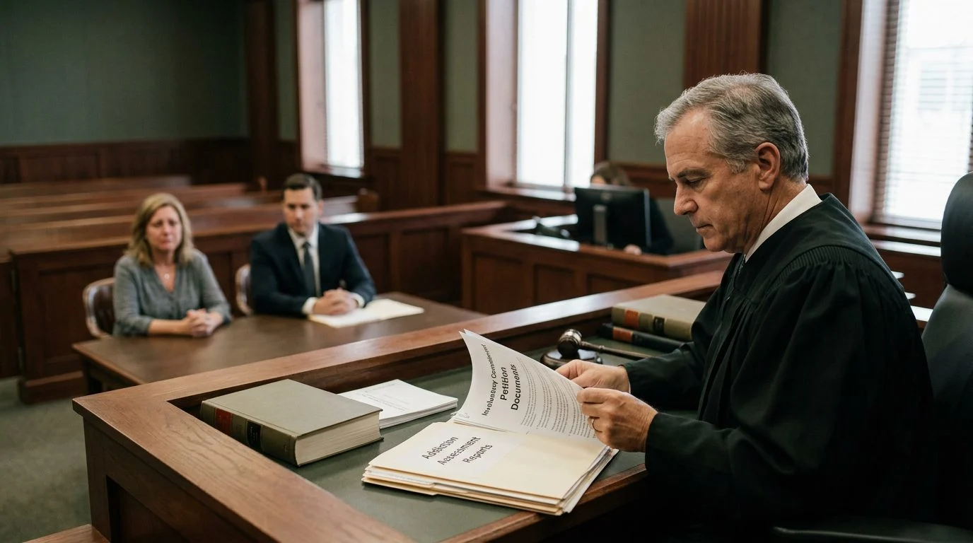 Judge reviews petition documents during a courtroom hearing with the petitioner and attorney present.