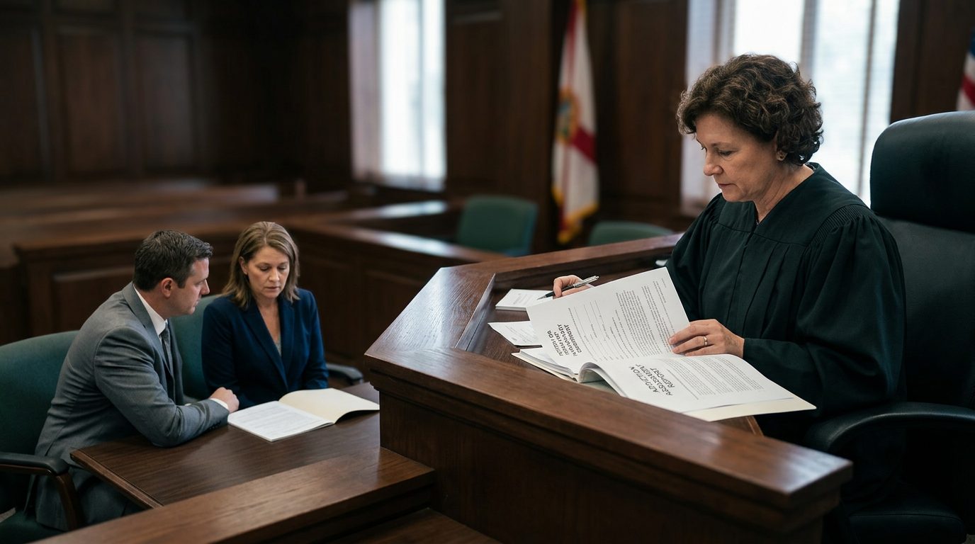 Judge reviews petition documents in a courtroom as the petitioner sits with counsel at a Marchman Act hearing.