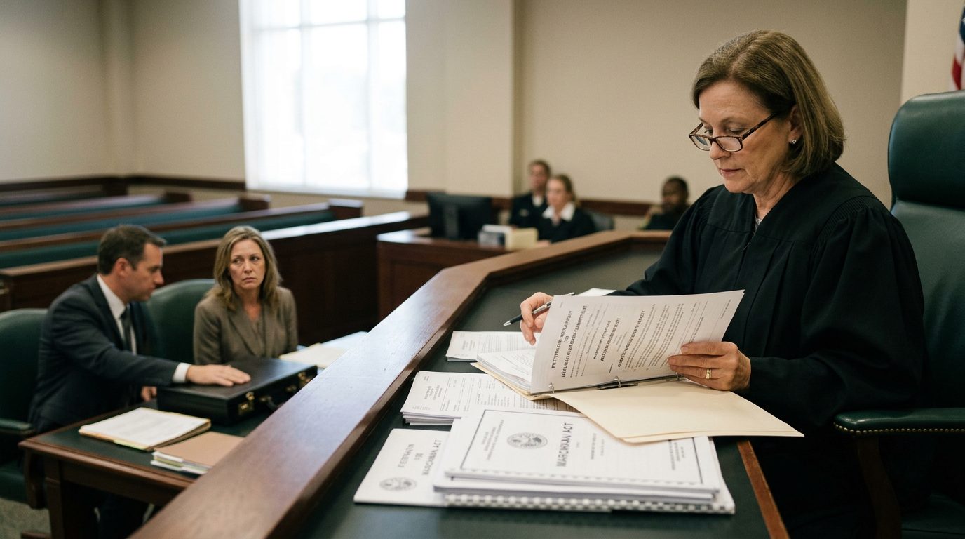 Judge reviews petition papers at a Florida Marchman Act hearing, with the petitioner seated beside counsel.