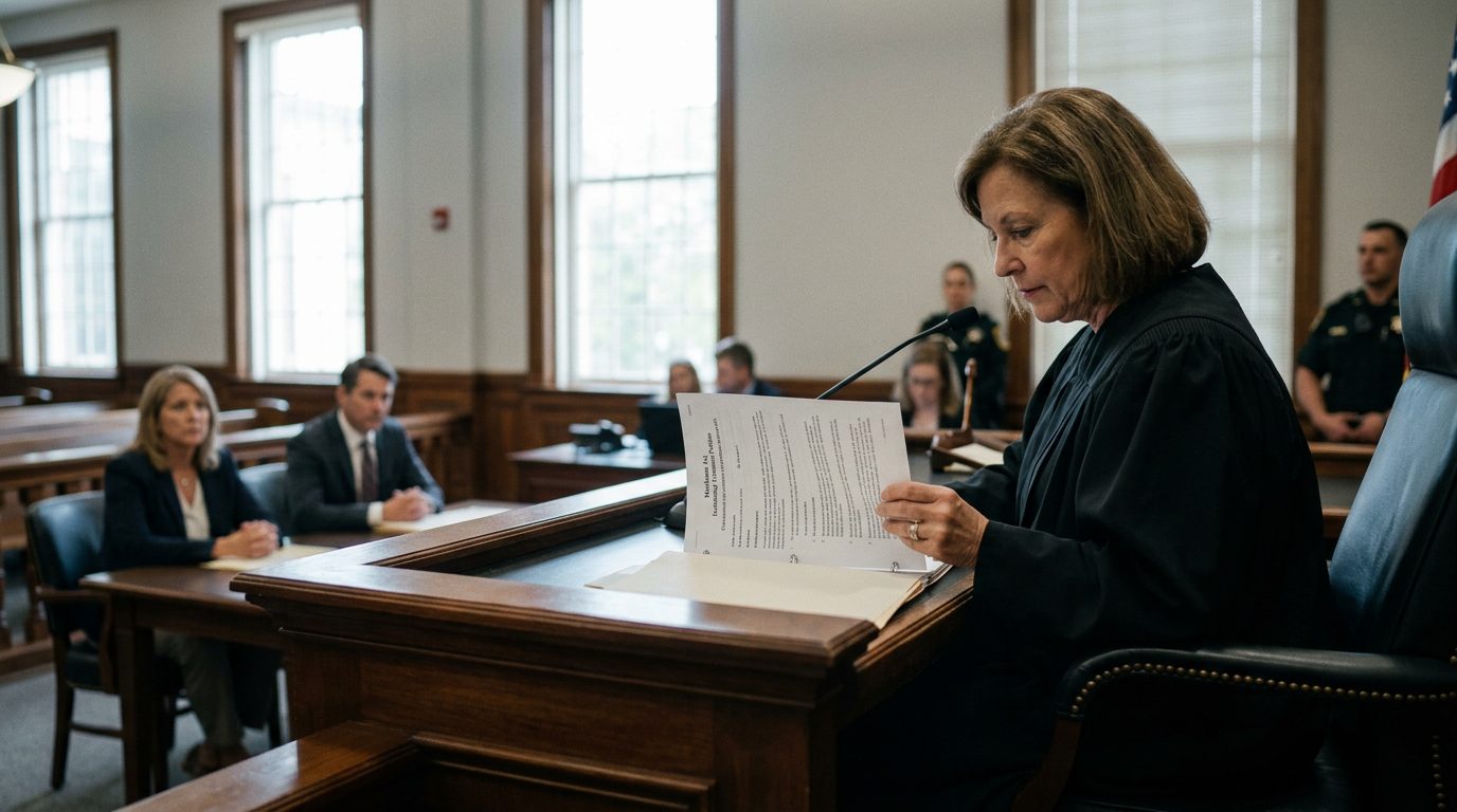 Juez revisa documentos de una petición en una audiencia Marchman en Florida, con el peticionario y su abogado.