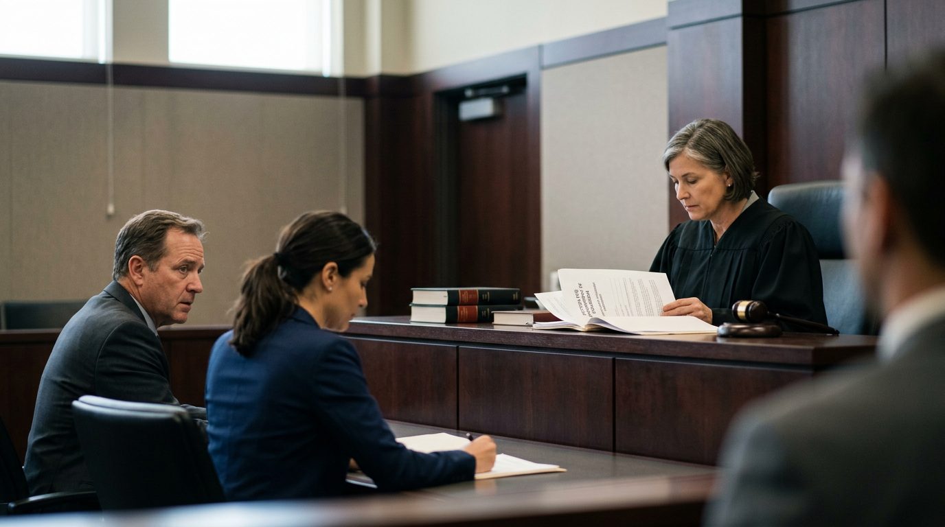 Judge reviews psychiatric evaluation during mental health guardianship hearing in courtroom.