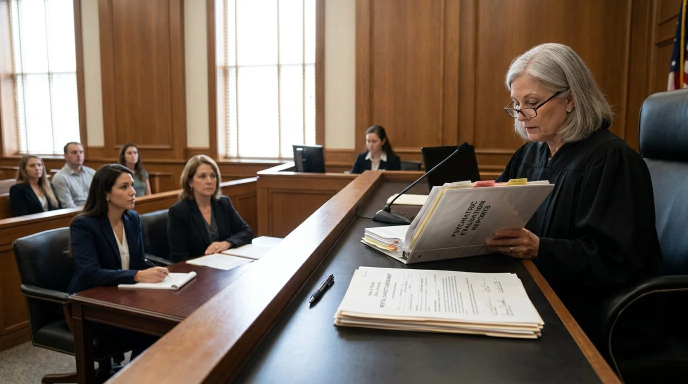 Judge reviews psychiatric evaluation reports during mental health guardianship hearing in courtroom.