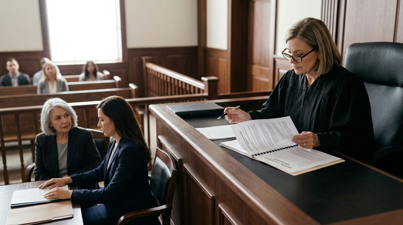 Judge reviews psychiatric evaluation reports during mental health guardianship hearing in courtroom.