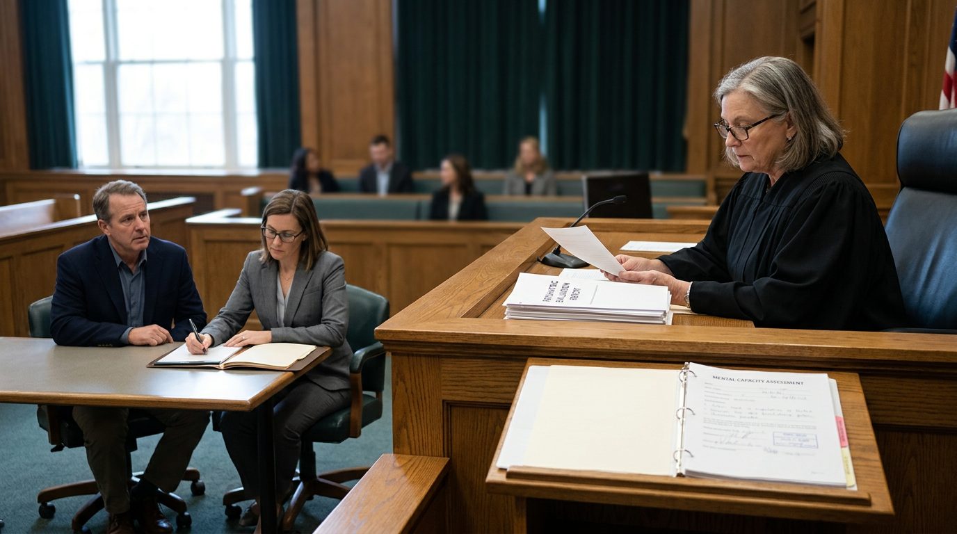 Judge reviews psychiatric evaluation reports during mental health guardianship hearing in courtroom.